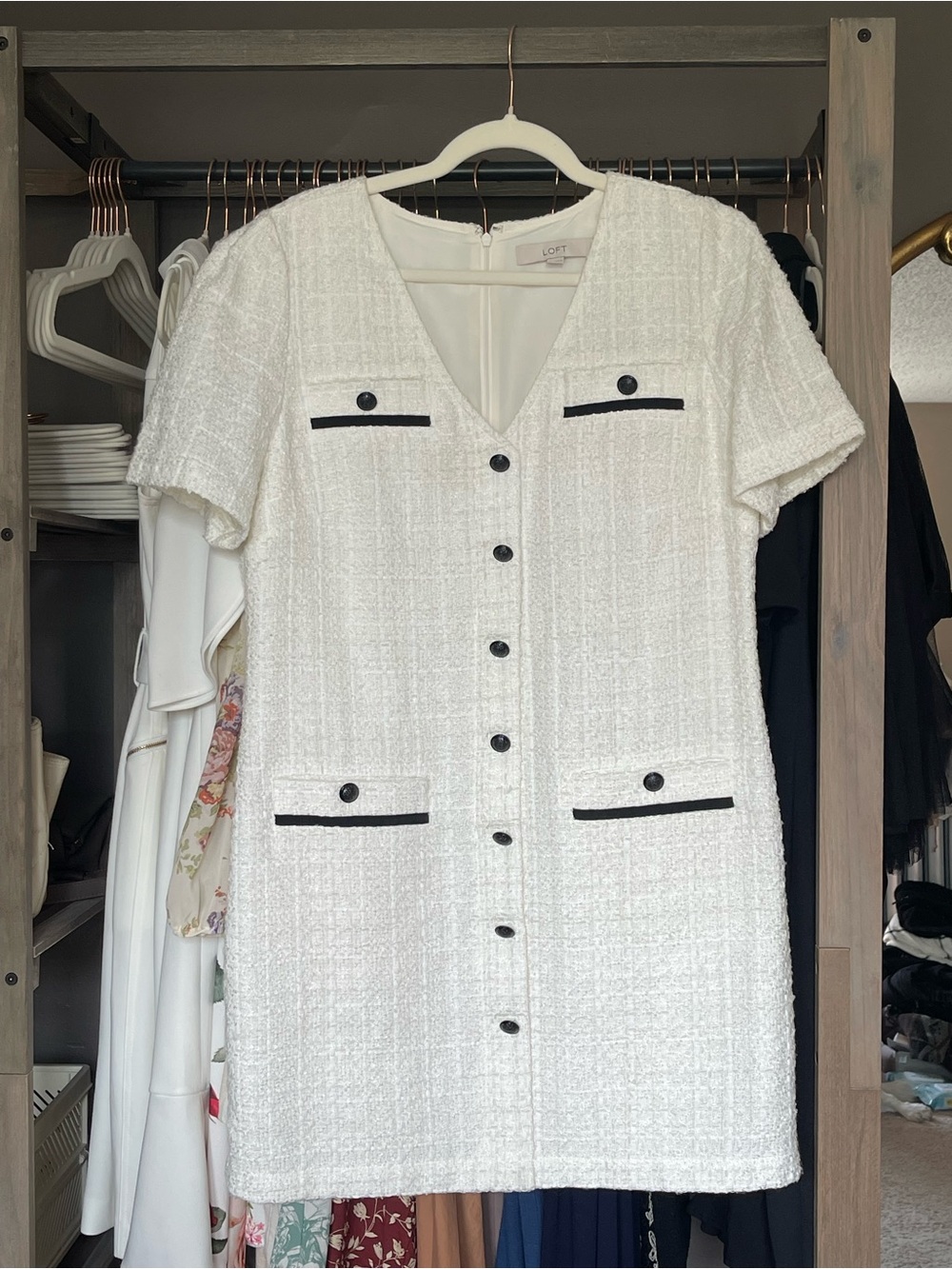 LOFT Tweed Pocket Button Front Dress Mini Dress White Size 10